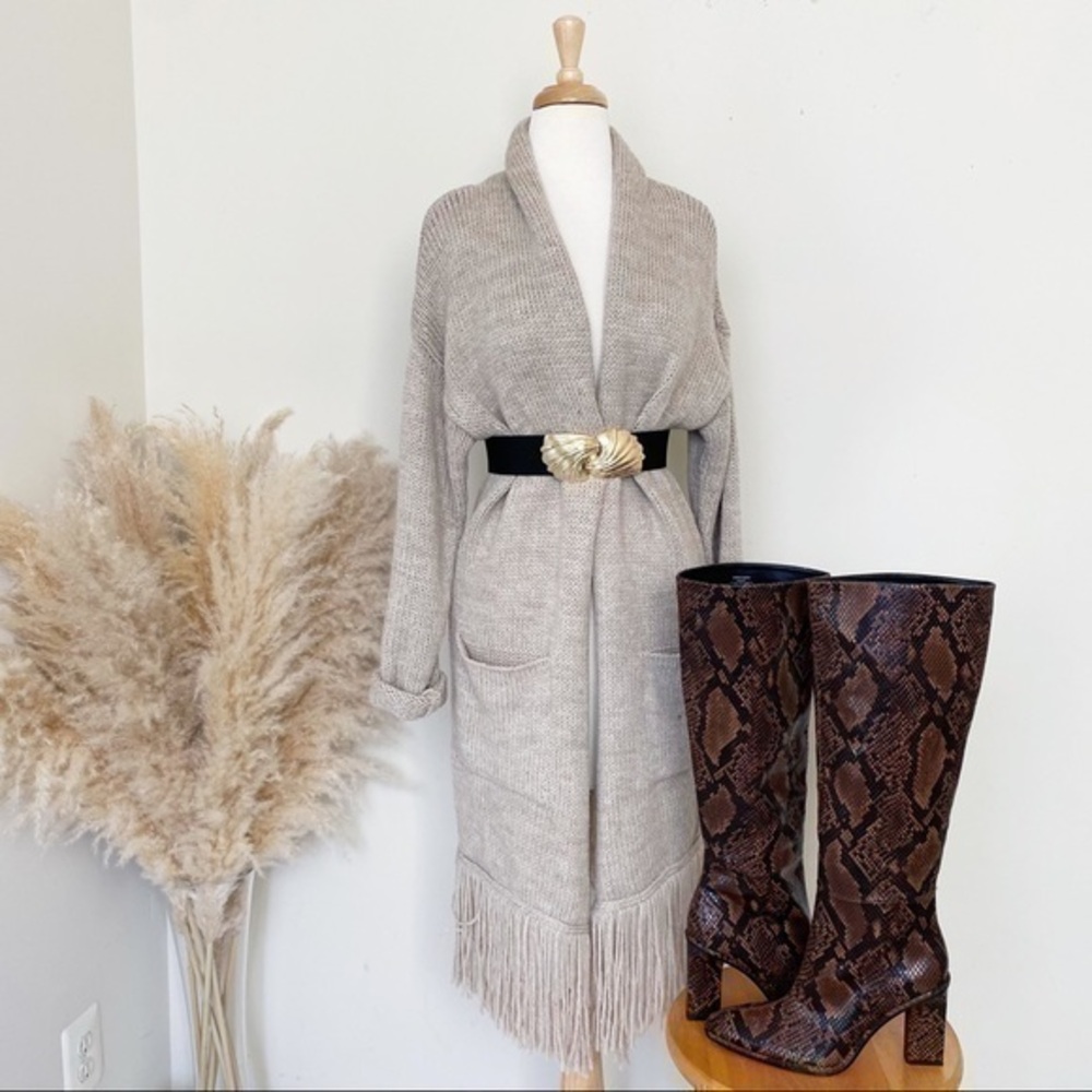 NY&Co Tan Fringe Long Cardigan